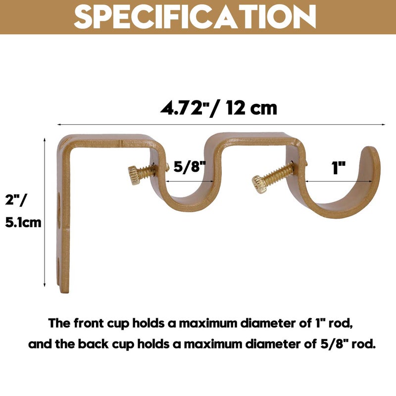 AddGrace 2 PCS Double Curtain Rod Bracket Heavy Duty Curtain Rod Holders for 1" and 5/8" Drapery Pole Adjustable Wall Mounted Drapery Pole Brackets for Living Room Bedroom Golden - Image 2